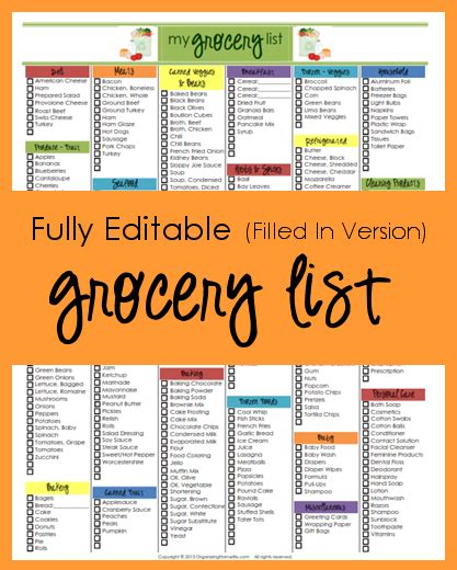 Editable Grocery List Filled In Version Organizing Homelife