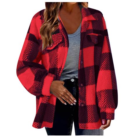 Fnfyfh Plaid Shackets For Women Fleece Button Down Coat Lapel Long