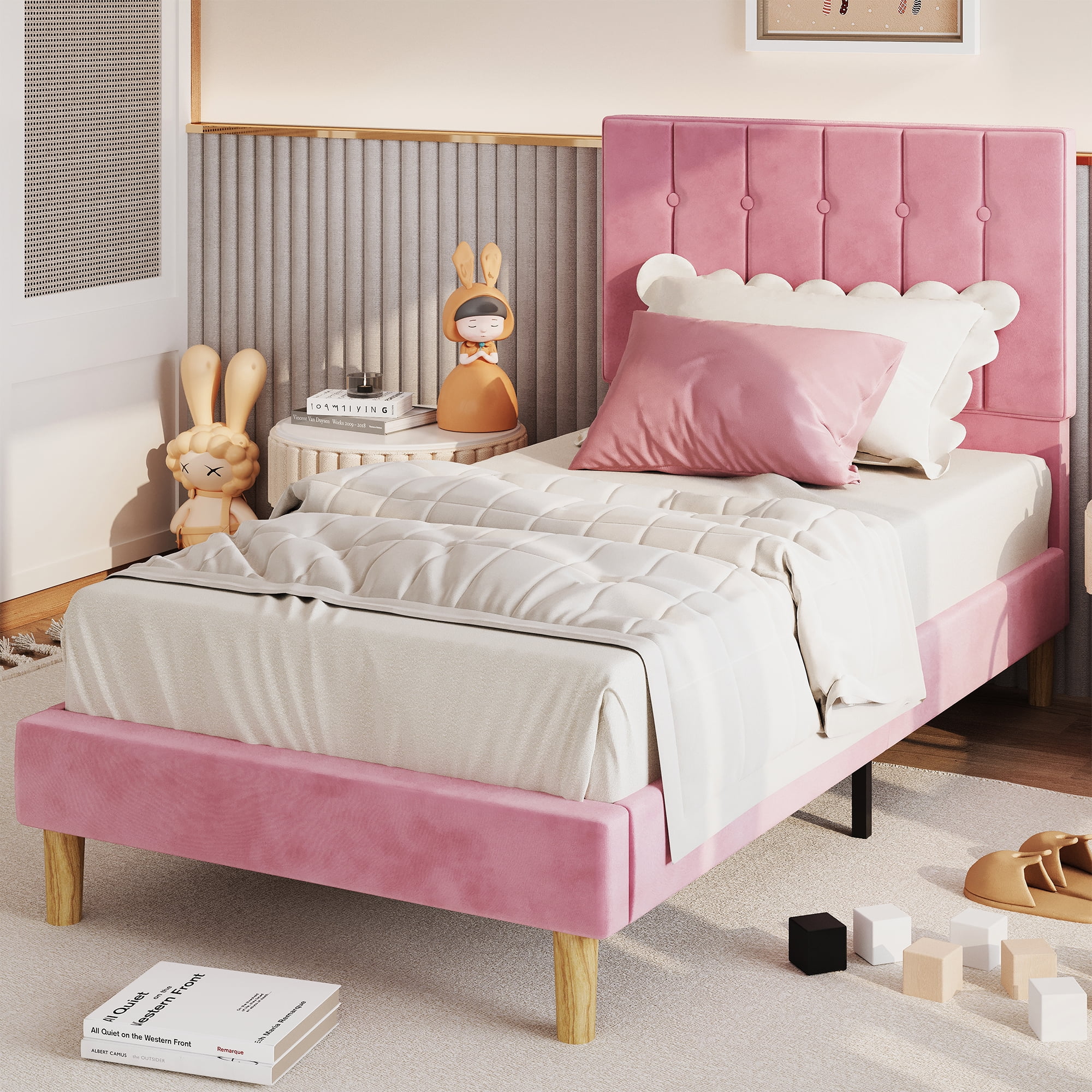 Likimio Soft Upholstery Twin Bed Frame With Cute Pink Headboard No Box