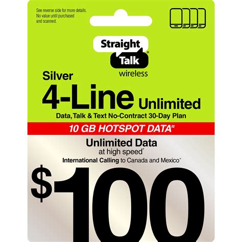 Straight Talk 100 Silver 4 Line Unlimited 30 Day Prepaid Plan 10 Gb Hotspot Data Int Amp 39 L