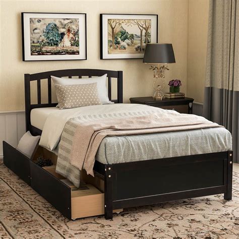 Twin Size Platform Bed Frame With 2 Storage Drawers Espresso