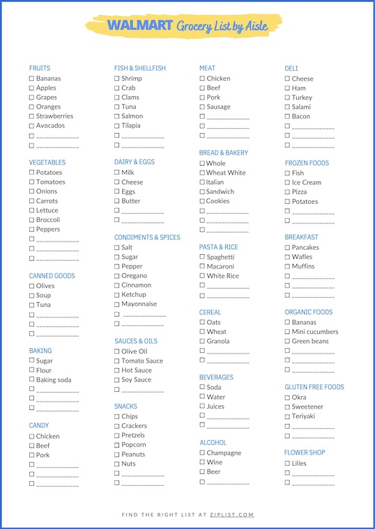 Walmart Grocery List Template Printable